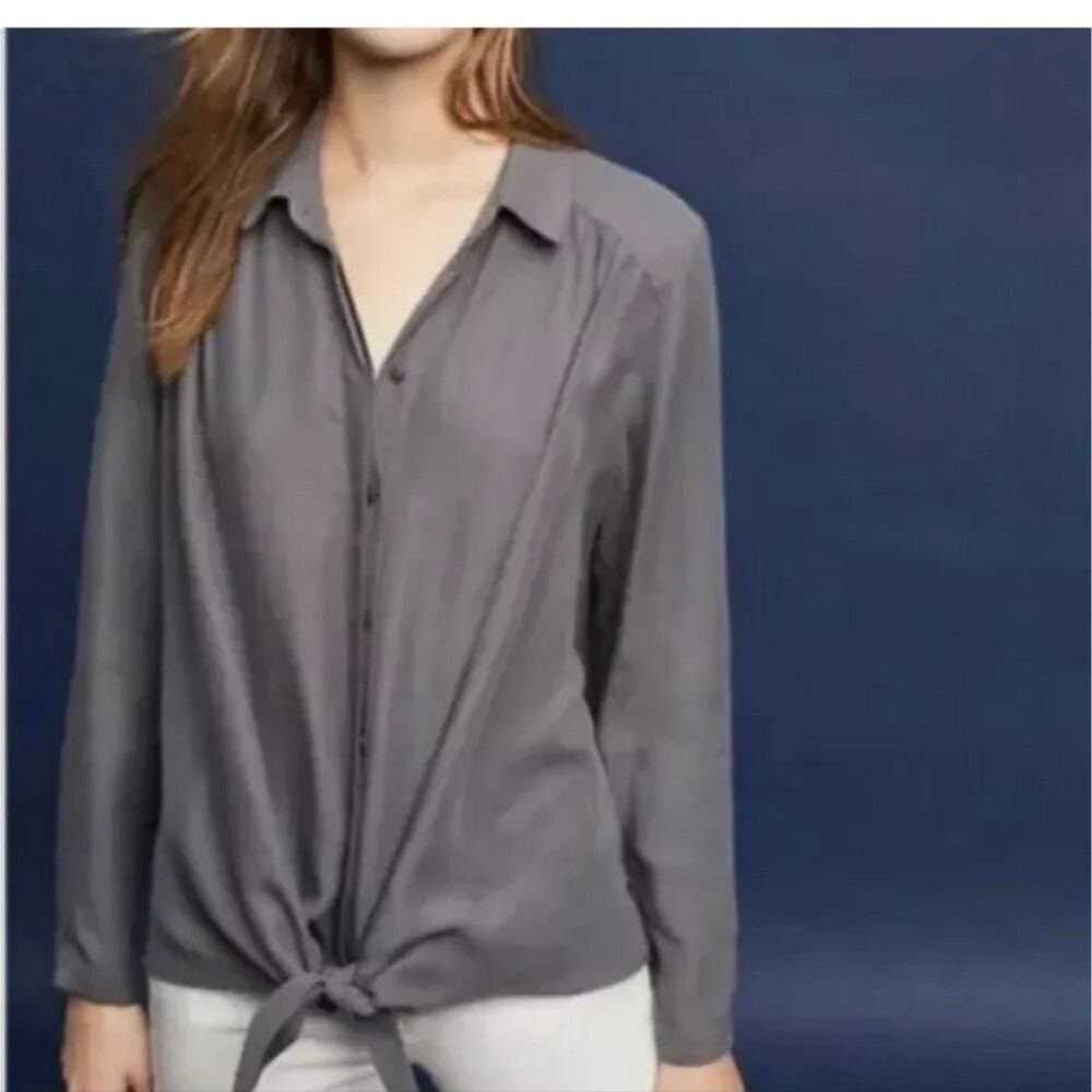 Anthropologie | Maeve Gray Tuesday Tie Front Blouse Women's Size XS 100% Tencel